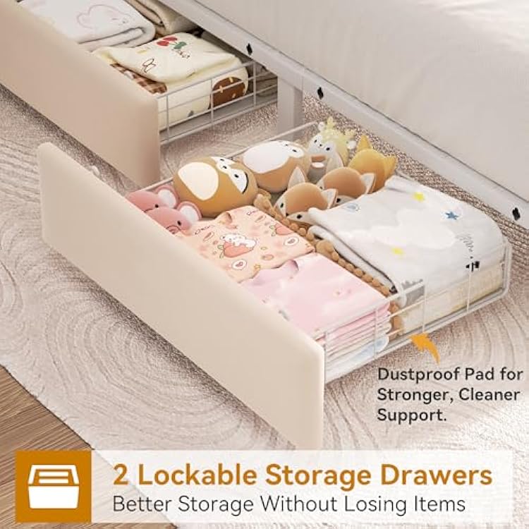 Twin Upholstered LED Bed Frame with 2 Storage Drawers and 2-Tier Storage Bookcase Headboard, Velvet Princess Platform Bed for Kids/Girls/Boys, Heavy Duty Metal Support, No Box Spring Needed, Beige