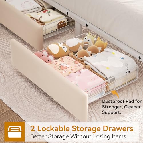 Image of Twin Upholstered LED Bed Frame with 2 Storage Drawers and 2-Tier Storage Bookcase Headboard, Velvet Princess Platform Bed for Kids /Girls /Boys, Heavy Duty Metal Support, No Box Spring Needed, Beige