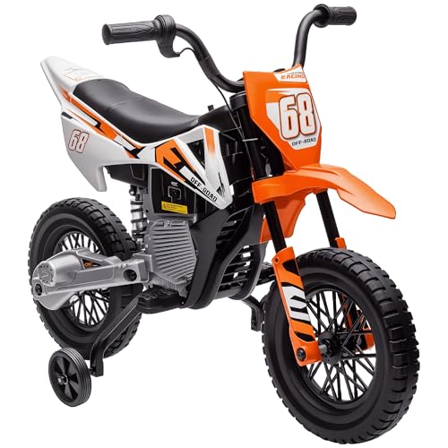 AIYAPLAY Moto eléctrica Infantil, Moto Infantil 12V con música, vehículo Infantil con Ruedas de Aprendizaje Desmontables, 2,4-5 km/h, para niños de 3-6 años, máx. 30 kg, Naranja