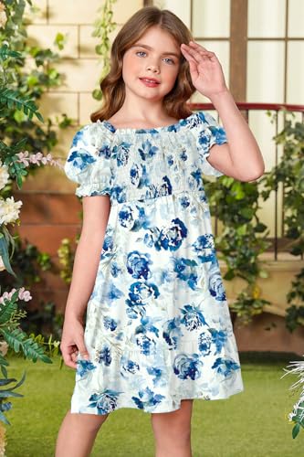BesserBay Girls Summer Ruffle Square Neck Smocked Midi Dress Puff Sleeve Flowy Sundress 4-14 Years2