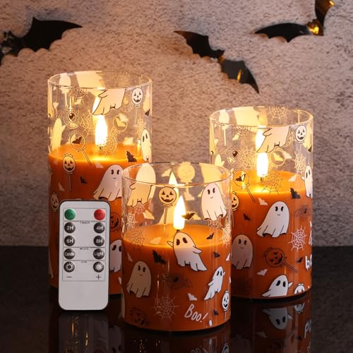 Image of Orange Ghost Halloween Flameless Pillar Candles with Remote Set of 3