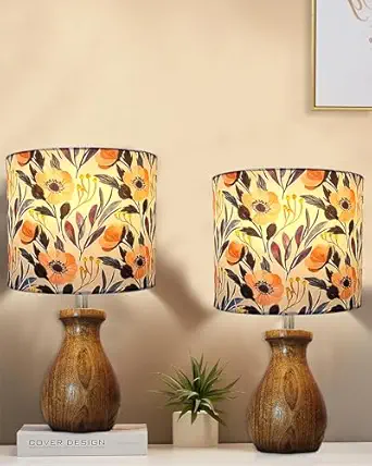 Homesake Set of 2 Dovel Pot Modern Table Lamp, Wooden Base Modern Fabric Lampshade for Home Office Cafe Restaurant, (Flower Garden)