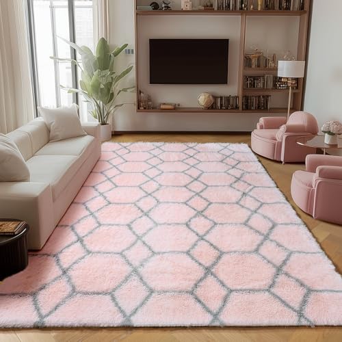 Image of ONASAR Rugs for Living Room Bedroom, 5x8 Washable Fluffy Pink and Grey Area Rug, Geometric Boho Soft Plush Shaggy Fuzzy Floor Carpet for Nursery Kids Girls Boys Teen Dorm Home Decor Aesthetic