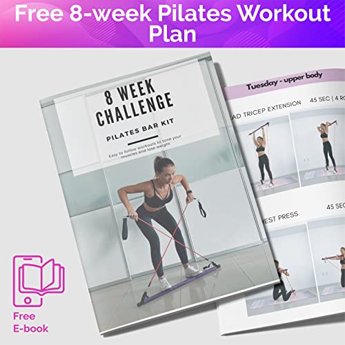 Portable Pilates Bar Kit With Resistance Bands (20, 30, 40, 50 Lb) - Guided 8-Week Pilates Bar Kit Plan - Premium Quality Home Equipment 3-Section Pilates Bar With Resistance Bands Full-Body Toning #TOP3