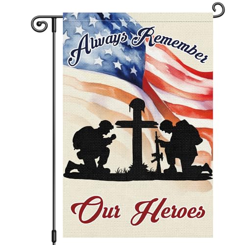 Louise Maelys Memorial Day Garden Flag Always Remember Our Heroes 12x18 Inch Double Sided Soldier Stars and Stripes Small Burlap Yard Sign Outside Outdoor House Decoration