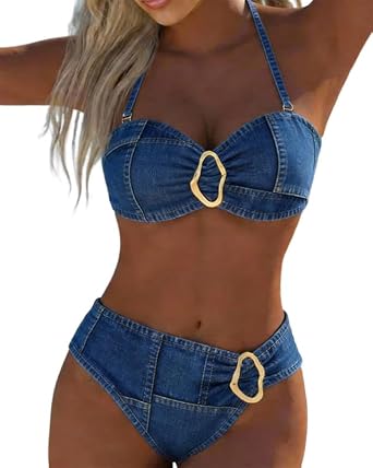 Womens Metal Buckle Halter Solid Color Bikini Two-Piece Bathing Suit Sexy Vacation Swimwear