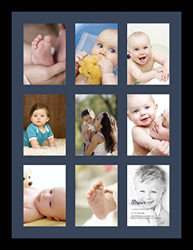 ArtToFrames Collage Photo Frame Single Mat with 9-5x7 Openings with Satin Black Frame and Midnight Blue mat.