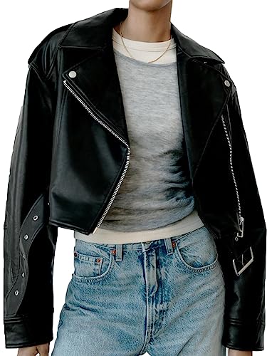 LY VAREY LIN Women Faux Leather Cropped Jacket Lapel Zipper Biker Short Coat with Belt3