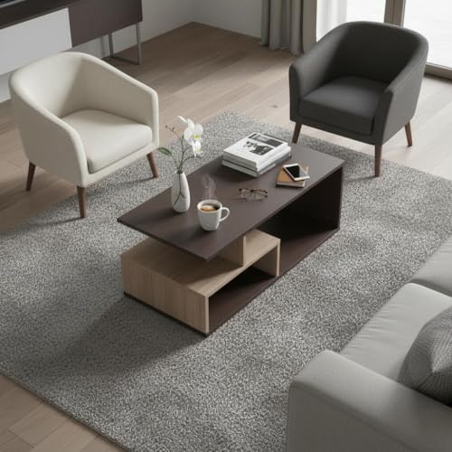 Image of RIZIK STORE Engineered Wood Coffee Table in Walnut Finish | Modern Living Room Center Table with Suede Texture | Sofa & Tea Table | DIY Installation | Warranty Protected (Brown & Cream) (90x50x35cm)