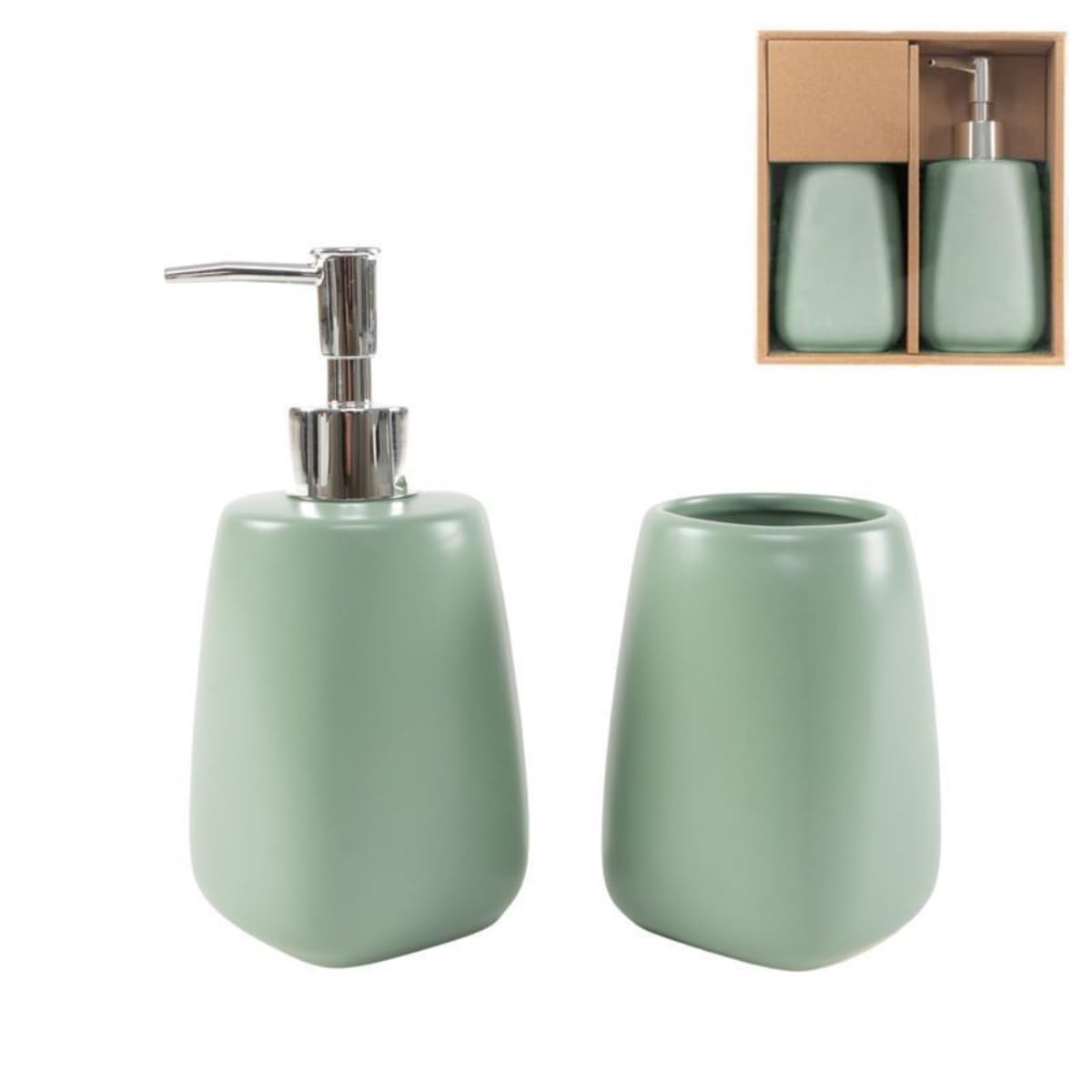 ROCKING GIFTS Juego de Baño Cerámica Verde Agua (2 Piezas): Dispensador de Jabón con Bomba y Vaso para Cepillo de Dientes, Gres Esmaltado, Accesorios de Lavabo