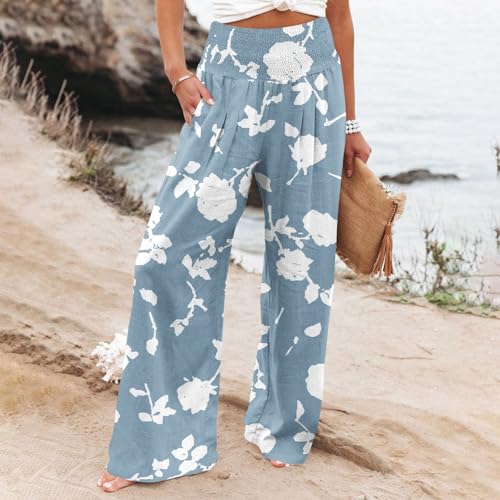 Women's Cotton Linen Elastic High Waisted Palazzo Pants, Boho Floral Wide Leg Beach Pant Trousers with Pockets2
