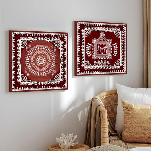 Image of PAINTINGMANTRA Marriage and Festival Celebration Warli Painting, Traditional Indian Maharashtra Warli Tribal Folk Wall Painting for Living Room, Home and Office Decor Set of 2, 12x12 inch
