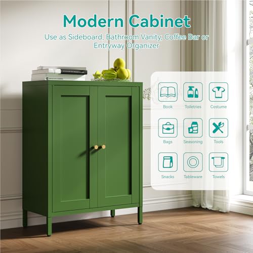 Image of Small Metal Storage Cabinet, 23.6 inch Wide Bathroom Cabinet with 2 Adjustable Shelves, 3-Tier Shaker Sideboard Storage Unit for Entryway Living Room Kitchen,Forest Green