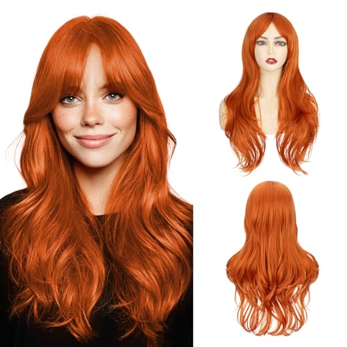 MY-LADY Ginger Wig with Side Side Bangs Long Wavy Cosplay Wig for Women Natural Hair 24 Inch Synthetic Hair for Girls Daily Party Halloween