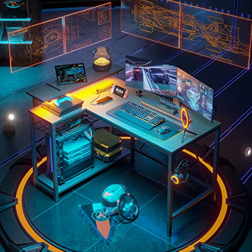 Bestier Small L Shaped Gaming Desk With Power Outlets,42 Inch Led Computer Desk With Monitor Stand Reversible Storage Shelves Corner Gamer Desk With Headset Hooks Usb Charging Port,Carbon Fiber Black #TOP3