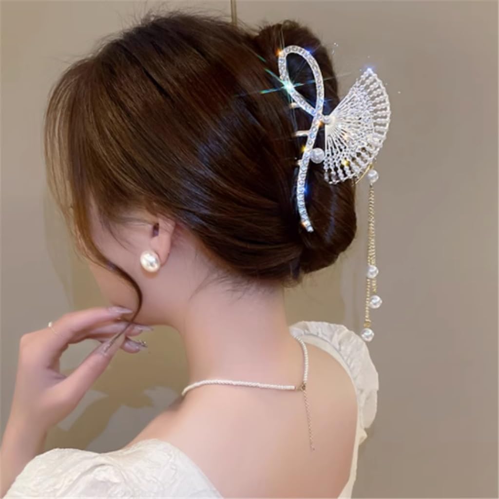 Super fairy fan tassel grab clip female back of full diamond hair classical shark headwear