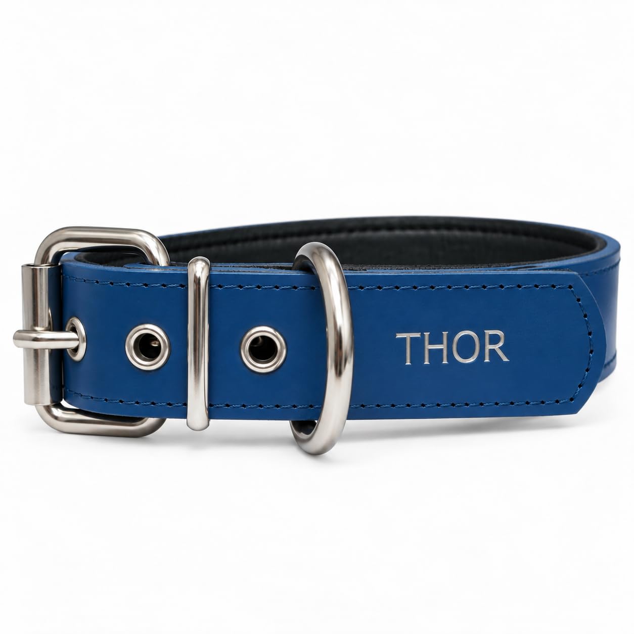 PaseaTuMascota Personalised Padded Leather Dog Collar with Name – Collar for Large, Medium and Small Dogs – Handmade in Spain – Strong and Stylish (Blue, S – Neck range: 28–38 cm)