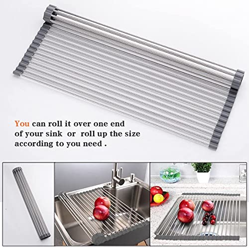 Image of Ahyuan Roll up Dish Drying Rack Over The Sink Kitchen Roll up Sink Drying Rack Portable Dish Drainer Foldable Dish Drying Rack (Warm Gray, 20.5''X19.7'')