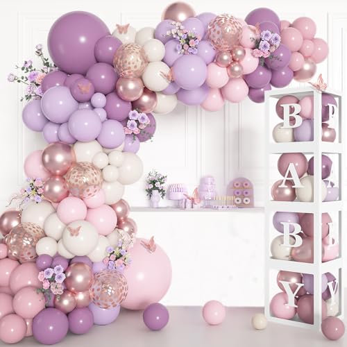Amandir 153Pcs Purple Baby Shower Decorations for Girl Double-stuffed Pink Purple Balloon Arch Kit Baby Boxes with Letter Foil Butterfly Balloons Sticker for Birthday Wedding Party Supplies