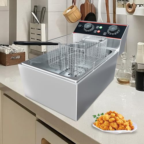 GarveeHome Commercial Deep Fryer with Basket, 11.55 QT/11 L Stainless Steel Electric Countertop Fryer with Temperature Control for Restaurant and Home Use,1500 W