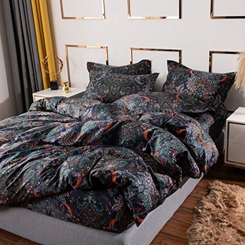 Softta Vintage Paisley Bedding Sets 3Pcs Duvet Cover Set King Size Rustic Damask Black Quilt Cover Floral 100% Brushed Cotton Zipper Closure Boho Bedding Collections #TOP2