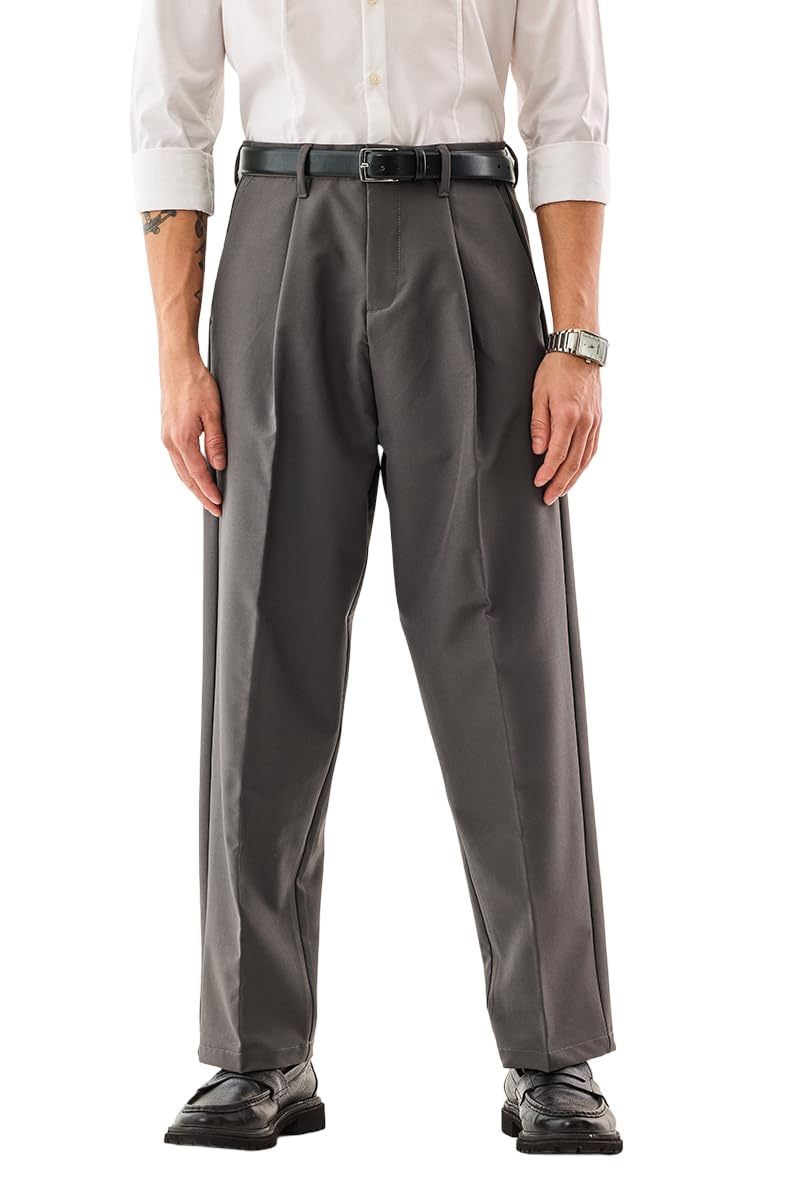Men Formal Trousers | Baggy Fit with Pleated Front & Turned-Up Hem | Durable Polyester Blend & Medium-Stretch Fabric for Office & Club Wear
