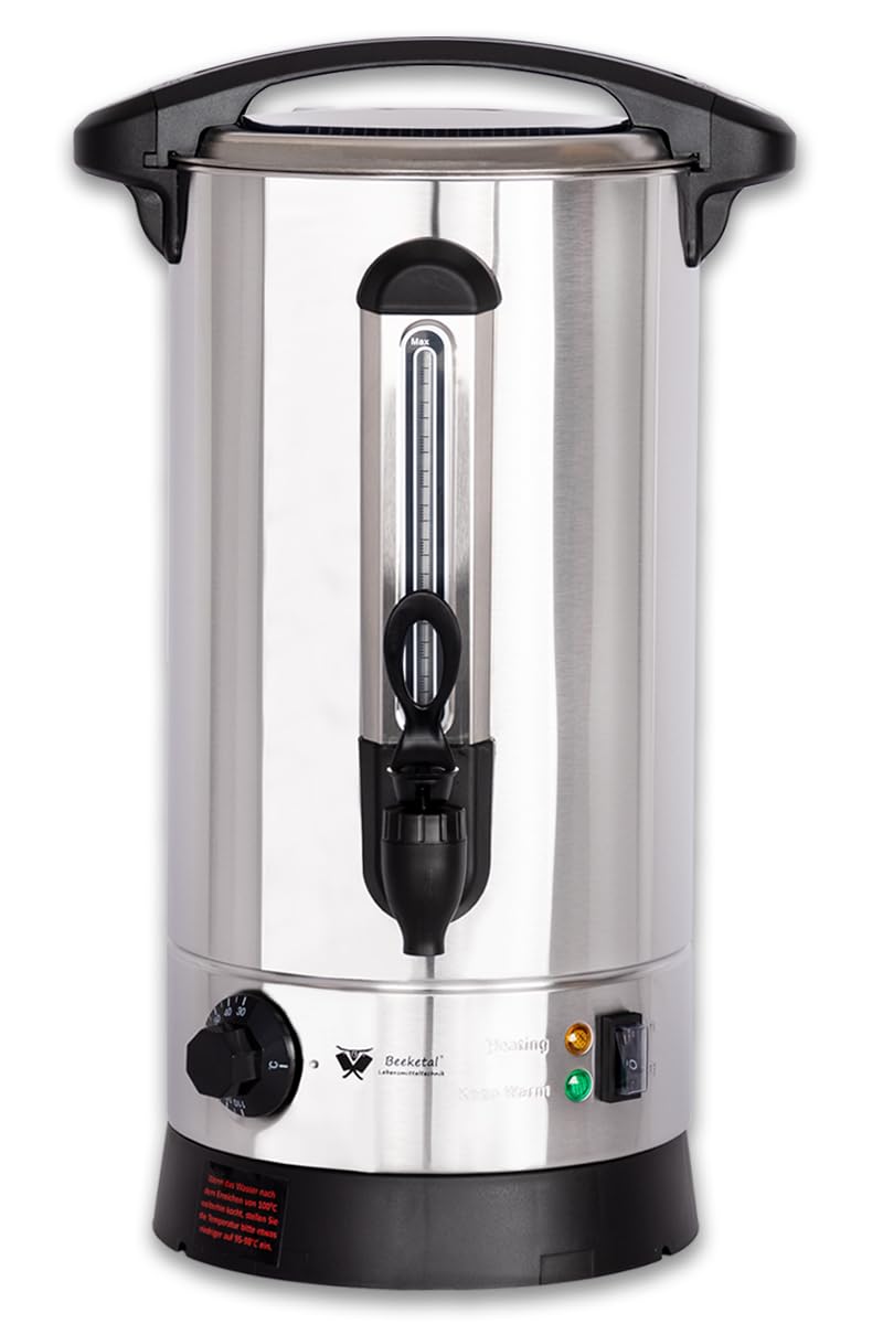 Beeketal 'BGWK10' Gastro Glühweinkocher 10 Liter Volumen mit Füllstandskala, Anit-Tropf Zapfhahn und stufenlos regelbarem Thermostat (30-110 °C), Profi Edelstahl Wasserkocher mit 1500 Watt Leistung