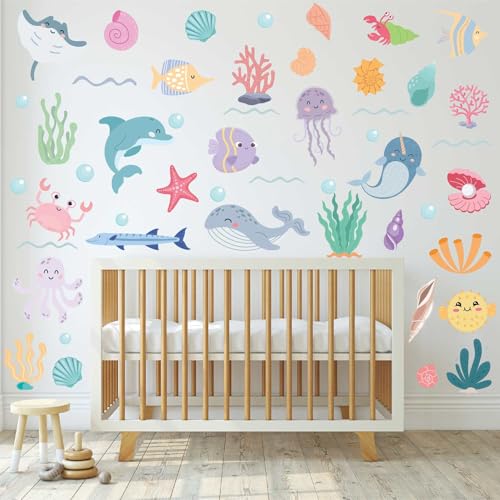 CharmFlo 58Pcs Ocean Adventure Wall Stickers - Removable Under The Sea Nursery Decor, Peel & Stick Marine Animal Wall Decals for Kids' Bedroom & Playroom