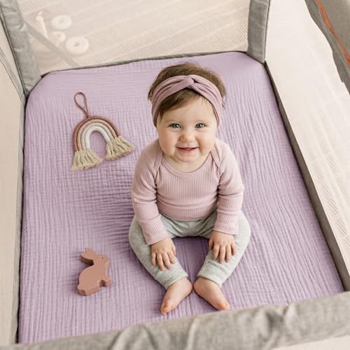 Image of Pro Goleem Muslin Pack n Play Sheets for Girls, Soft Breathable Cotton Fitted Mini Crib Sheets, Baby Sheets for Playard Mattress, 2 Pack (Pink&Purple)