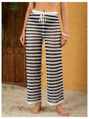 Verdusa Women's Hollow Out Crochet Knit Striped High Waist Swimwear Cover Up Pants3