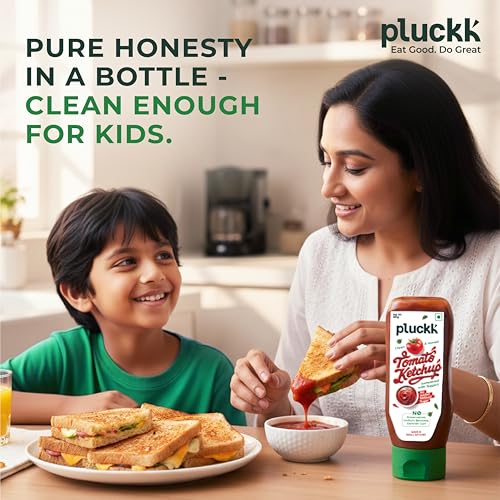 Image of Pluckk Tomato Ketchup - 350g | Tomato Sauce | Sweet & Tangy Sauce Made with Fresh & Natural Ingredients | Made with Jaggery | No Added Sugar & Preservatives, No Sodium Benzoate & No Xanthan Gum