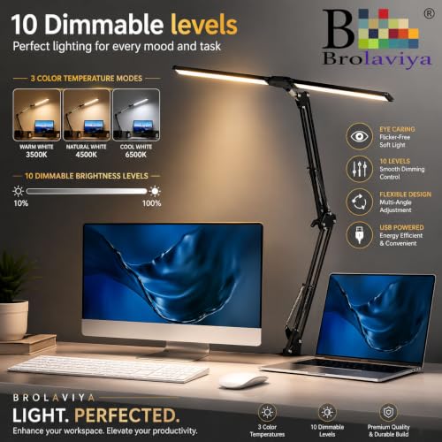 Image of BROLAVIYA Architect Double Head LED Desk Lamp Overhead Light, 3 Color Mode,10 Levels Dimmable Brightness, Metal Body, Eye Protection Desk Light for Office, Study, Reading, Computer Workstation