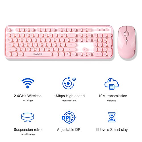 Pink Wireless Keyboard Mouse Combo, 2.4Ghz Wireless Retro Typewriter Keyboard And Mouse Combo, Letton Full Size Wireless Office Computer Keyboard And Cute Mouse With 3 Dpi For Mac Pc Desktop Laptop #TOP6