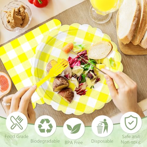 Image of 100 Pcs Yellow Gingham Paper Plates and Napkins Disposable Set for Party
