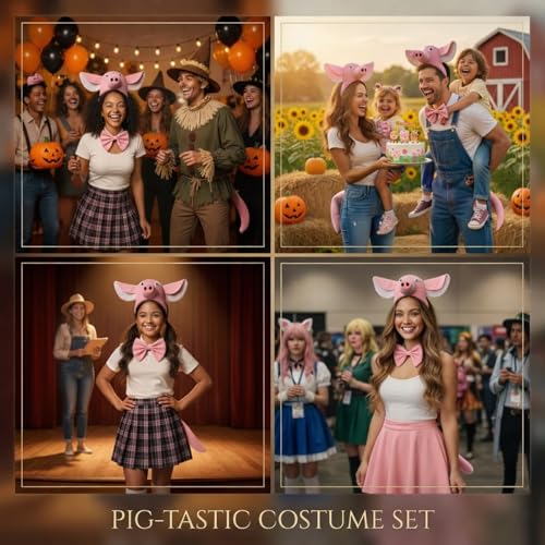 Image of Pink Pig Headband with Bow and Tail Costume Set, Halloween Animal Ears Costume Dress Up Suit, Cosplay Party Supplies for Adult