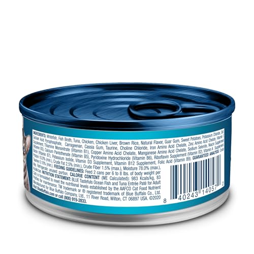 Image of Blue Buffalo Tastefuls Wet Cat Food Pate, Made with Natural Ingredients | Ocean Fish and Tuna Entree, 3-oz. Cans (24 Count)