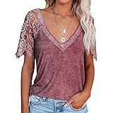 Janepam Women T-Shirt for Summer Tops Short Sleeve Feather Lace Raglan V-Neck Tee Blouse(2XL,A Purple Red)