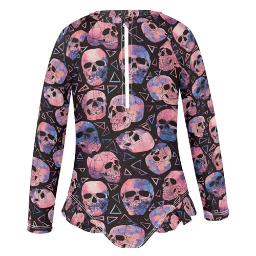 ALAZA Cool Sugar Skull Black Girls One Piece Swimsuit Long Sleeve Rash Guard Swimsuits UV 50+ Swimwear Zipper2