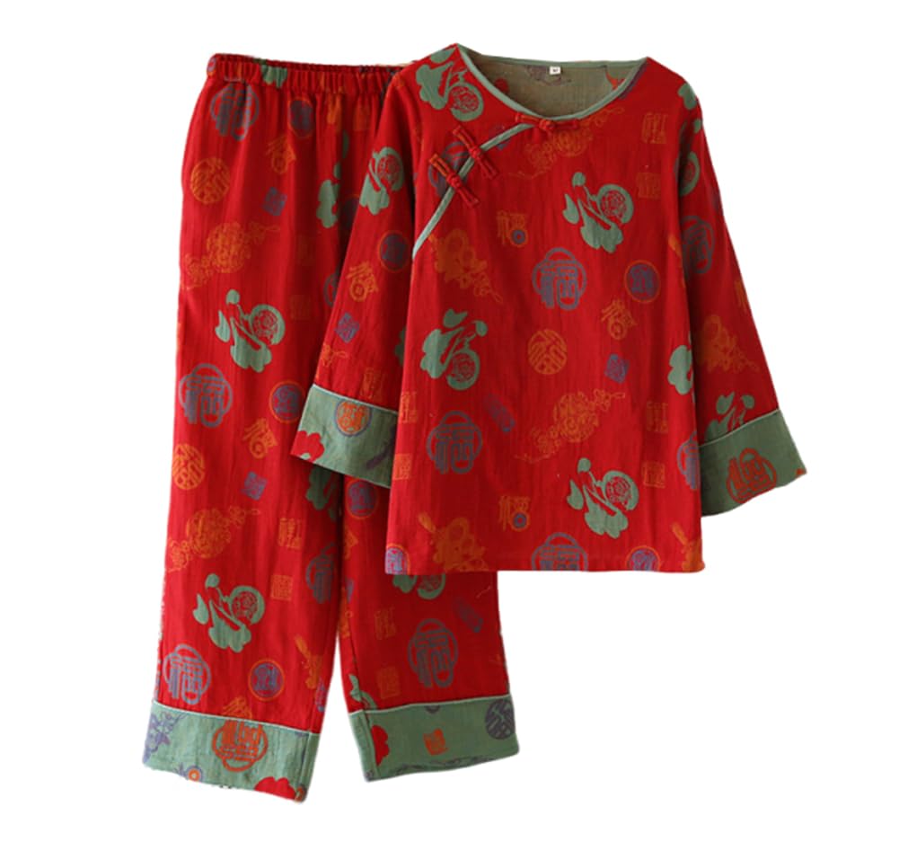 PRINCESS BRIDE Conjunto de pijama de algodón para mujer, teñido de hilo de doble capa, jacquard, ropa de descanso tradicional rojo de la suerte, conjunto de pijama Hanfu