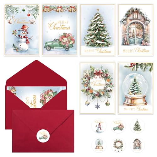 Cartes de Noël style aquarelle Thboxes en papier haut de gamme avec stickers