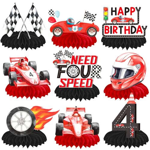 Image of Need Four Speed Birthday Honeycomb Centerpieces 12Pcs Race Car 4th Birthday Party Decorations Red Racing Car Table Centerpieces for Checkered Flag Racing Baby Shower Supplies