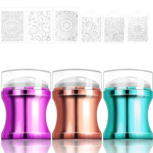Kit Estampado Uñas Silicona,3 Sellos de Uñas y 6 Patrones Aleatorios Plantilla,Para Decoración de Uñas, Plantilla de Sello de Uñas Para Bricolaje, Herramientas de Manicura (Oro Rosa + Azul + Morado) Cover
