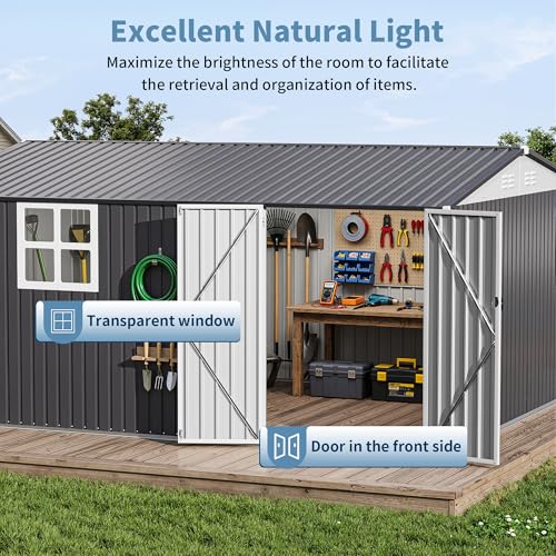 Image of AirWire 14x12 FT Outdoor Metal Storage Shed with Window, Heavy-Duty Galvanized Steel Tool Shed with Lockable Doors, Waterproof Garden Shed for Backyard, Patio, Lawn, Black