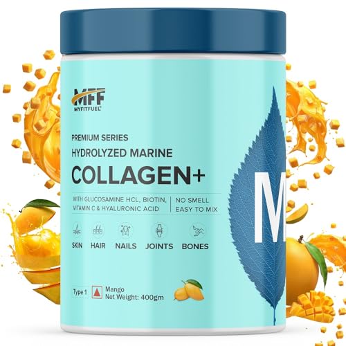 Image of MyFitFuel Hydrolyzed Beauty Marine Collagen Peptides (400gm, Mango) with Biotin, Hyaluronic Acid, Zinc, Vitamin C & Glucosamine | For Skin, Hair, Nails & Joints