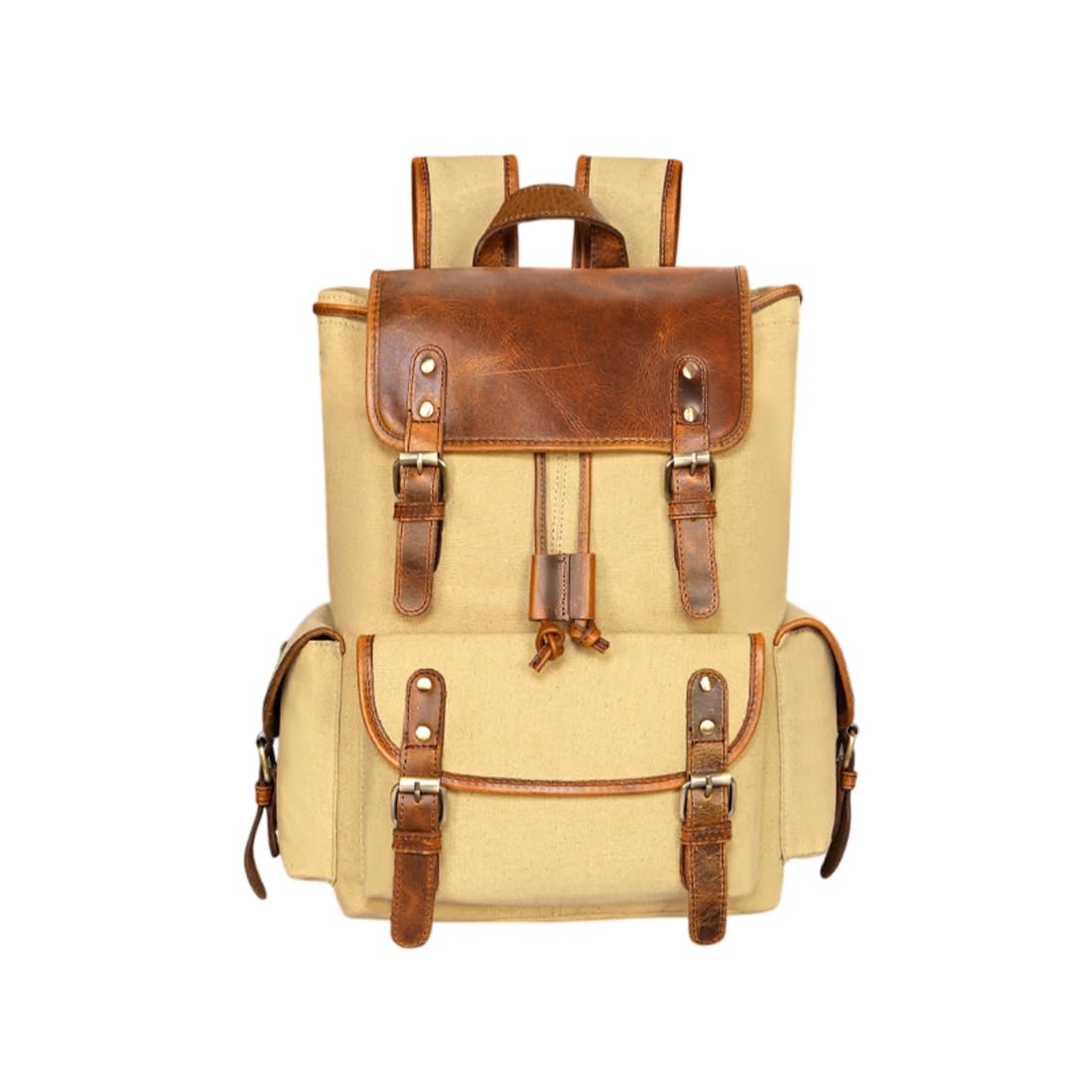 Vintage Canvas Backpack with Leather Trim, Beige and Brown, Multiple Compartments, Adjustable Padded Straps, Water Repellent, for Travel and Daily Use-image-23
