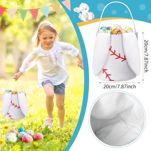 Image of Kacctyen Easter Baseball Bunny Basket Easter Sports Baskets with Rabbit Ears Tote Easter Snack Bags for Easter Egg Hunt Game
