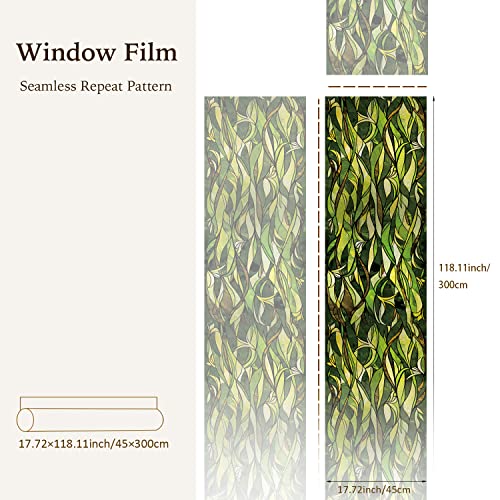 Funlife Privacy Stained Glass Window Film, Single Sided Static Cling Glass Covers, Decor For Bathroom Glass Window, 17.7"X118", Green Leaves #TOP2
