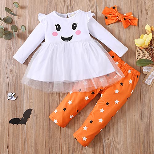 Toddler Baby Girls Halloween Outfits Long Sleeve Pumpkin Ghost T-Shirt Top Tutu Skirt Pants Headband Clothes Sets2