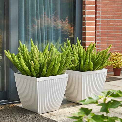 Glitzhome Set Of 2 Planters For Outdoor Plants 16" Large White Textured Planter Tall Planters Pot With Drainage Hole For Outdoor Front Porch Garden And Patio #TOP1