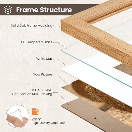 Image of FLYJOE 18x24 Oak Wood Picture Frame with Mat for 16x20, 18 by 24 USA-Sourced Natural Solid Wooden Poster Frame for Wall Display, Tempered Real Glass, Hanging Hardware Included, 3 Pack, Natural